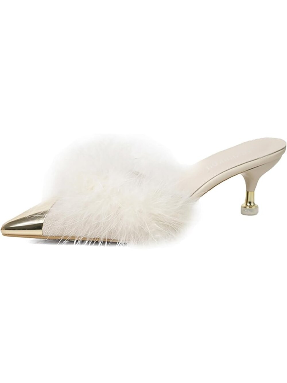 Women's White 1 Fluffy Feather High Heel Mules Slip-On Comfortable Pinted